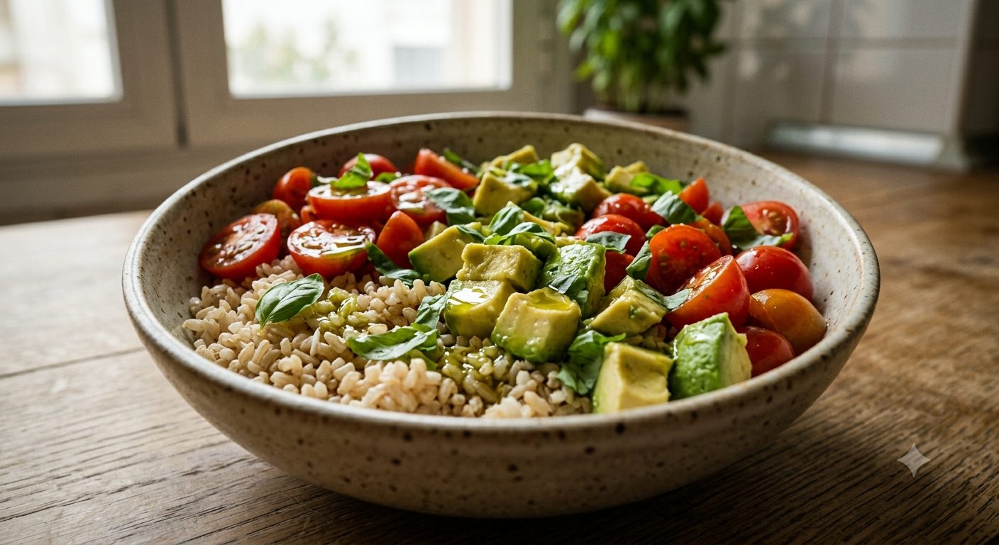 Bowl Vegetal de Arroz Integral, Aguacate y Tomate