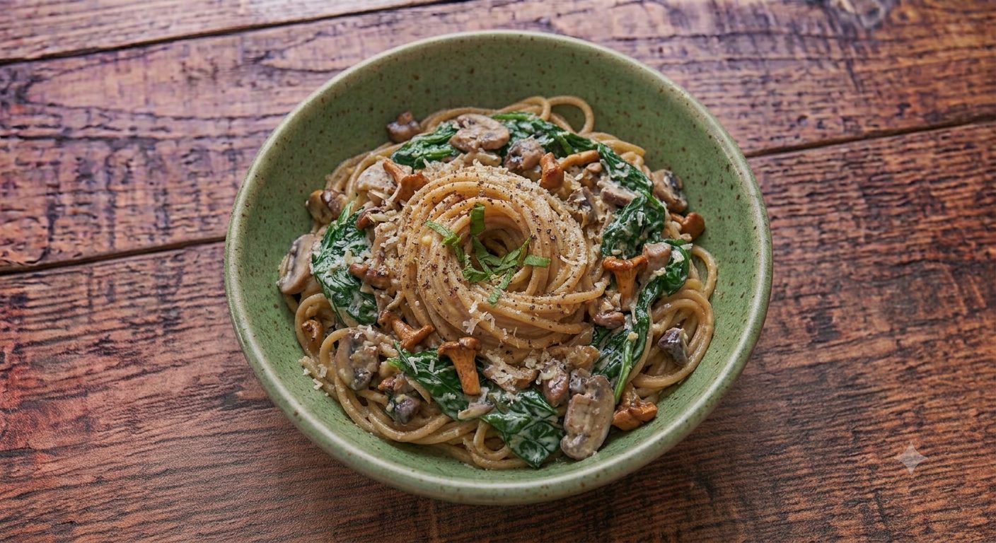 Pasta Integral con Setas y Espinacas