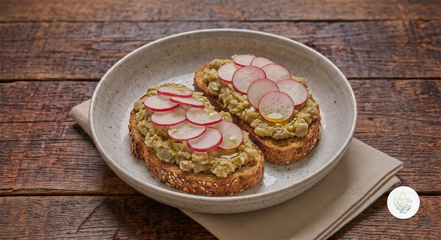 Tostadas de Habas Machacadas con Rábano