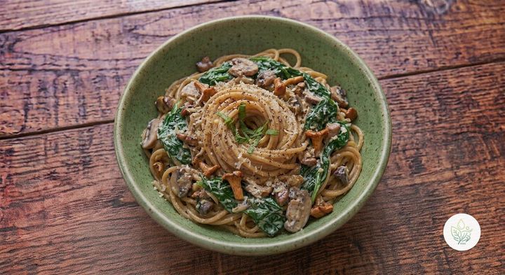 Pasta Integral con Setas y Espinacas