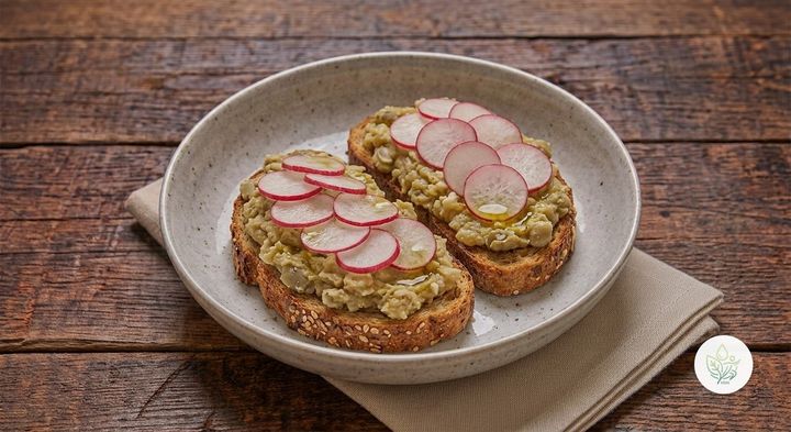 Tostadas de Habas Machacadas con Rábano