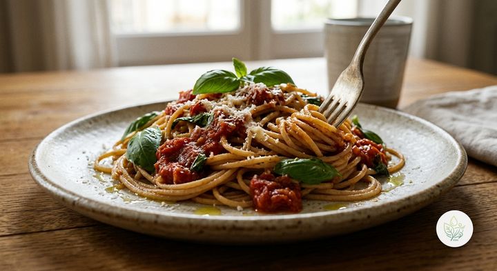 Espaguetis Integrales con Tomate y Albahaca